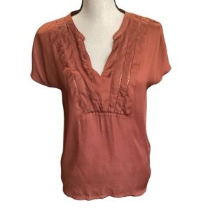 Dolan Left Coast Short Sleeve Lace Cut Out V-Neck Blouse‎ Rust Small